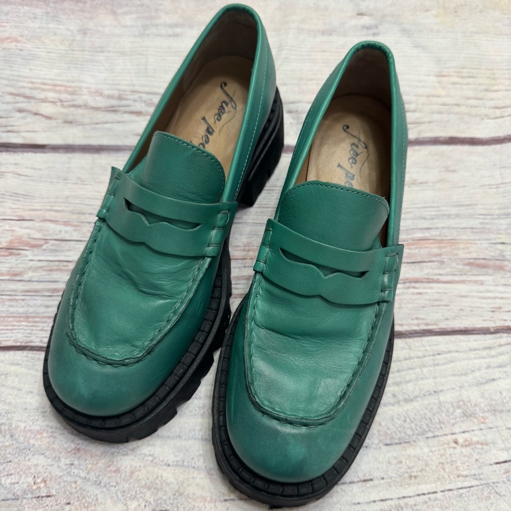 Free People Teal Green Leather Penny Loafers